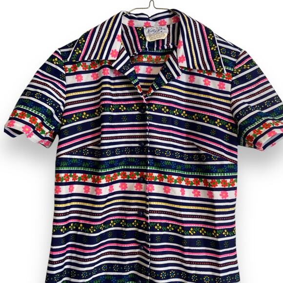 Vintage 60s Nelly Don Floral Stripe Shirt Dress USA Made ILGWU Tag Size Medium - Picture 6 of 16